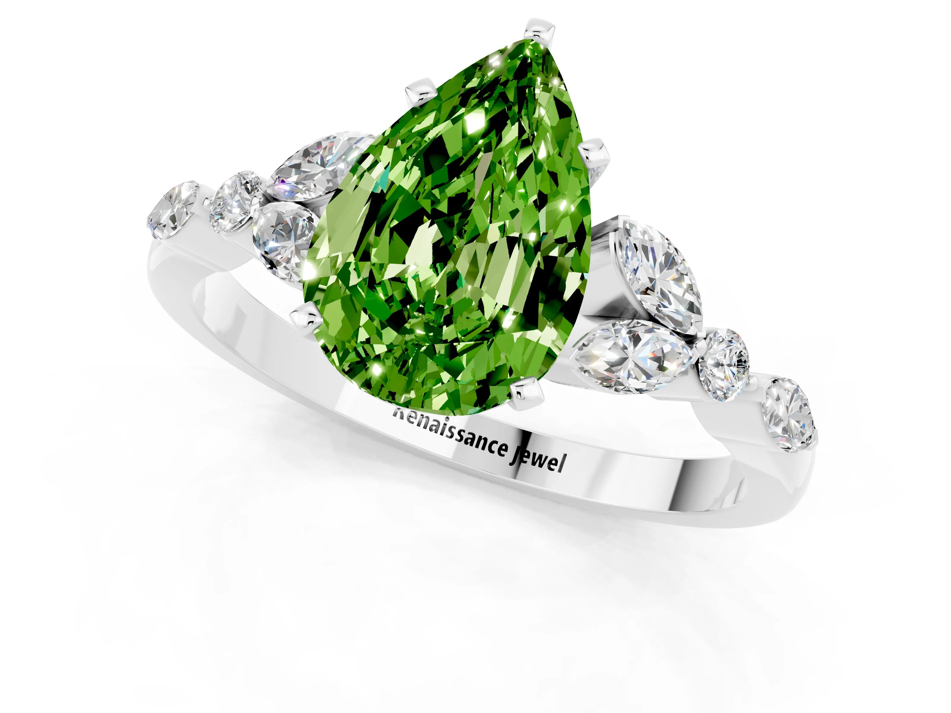 White gold Pear Cut Peridot Solitaire Ring with Side Stones and Four-Prong Setting_37
