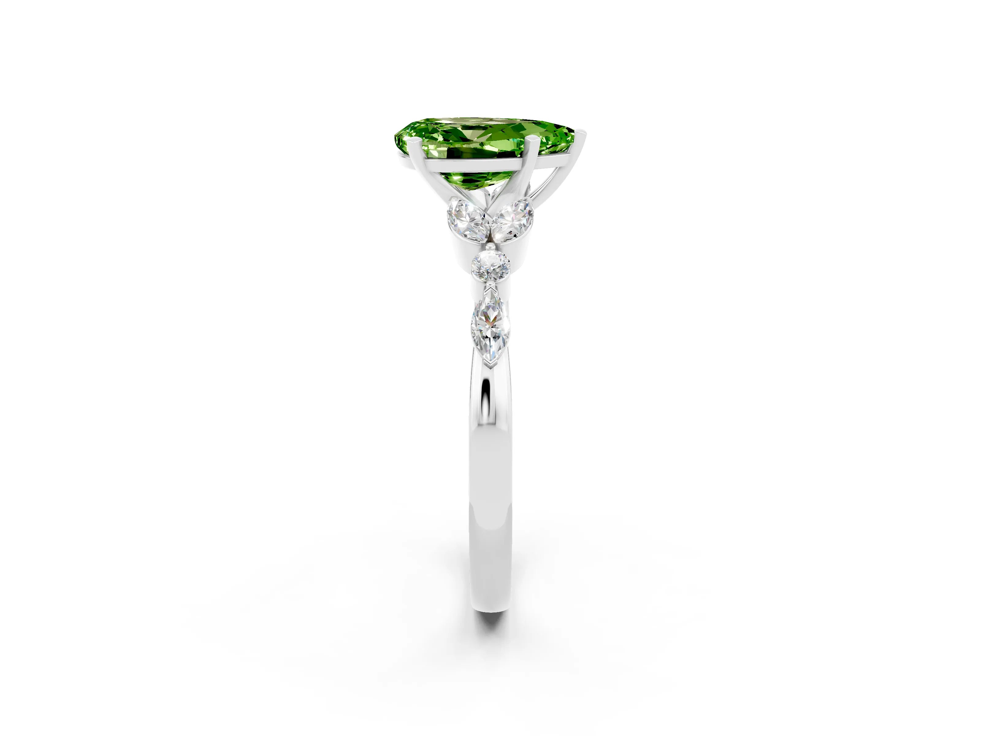 White gold Pear Cut Peridot Solitaire Ring with Side Stones and Four-Prong Setting_38