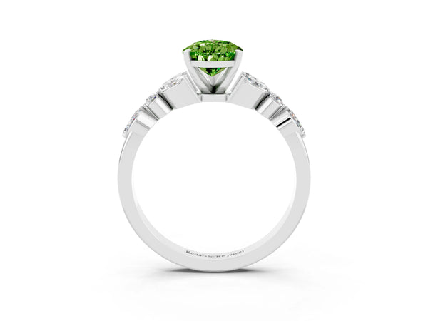 Platinum Pear Cut Peridot Solitaire Ring with Side Stones and Four-Prong Setting
