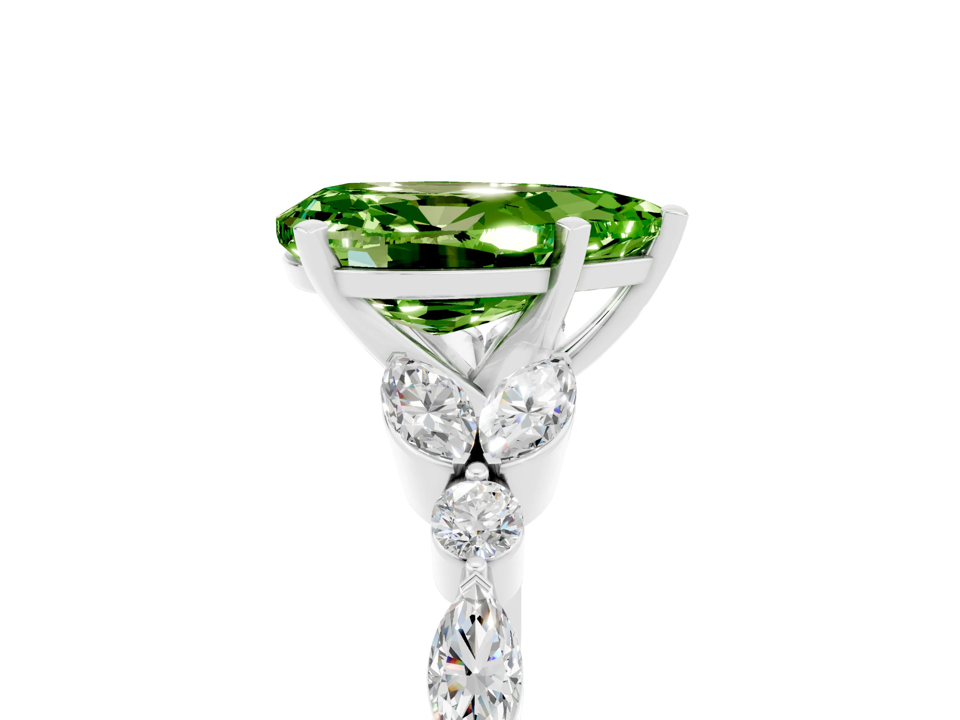 White gold Pear Cut Peridot Solitaire Ring with Side Stones and Four-Prong Setting_53