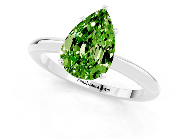 Platinum Pear Cut Peridot Solitaire Ring with Six-Prong Setting and Classic Band