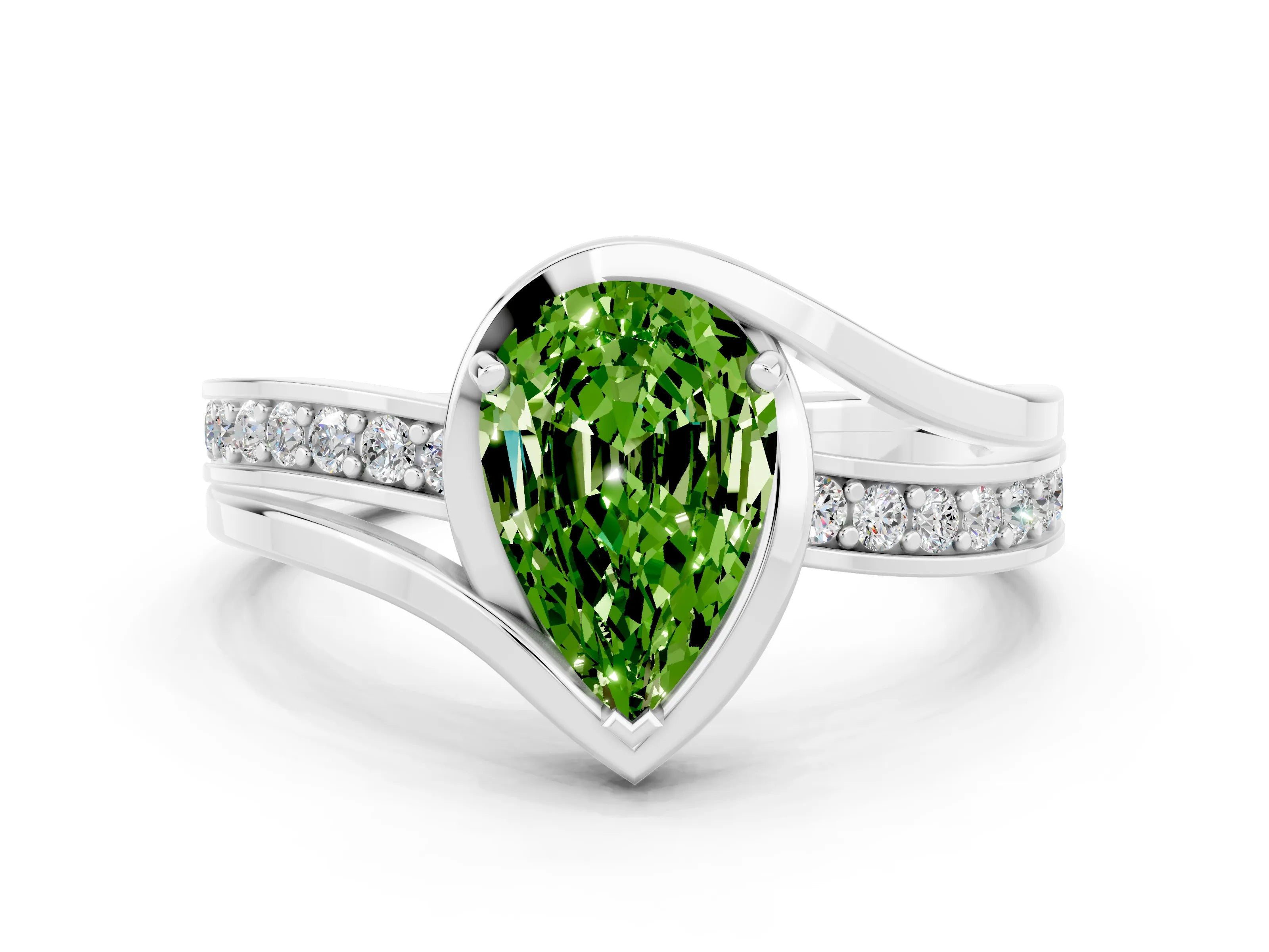 White gold Pear Cut Peridot Solitaire Ring with Split Shank and Prong Setting