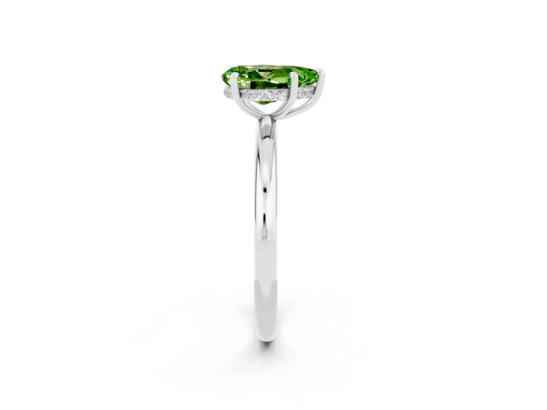Platinum Pear Cut Peridot Solitaire Ring with Thin Band and Four-Prong Setting