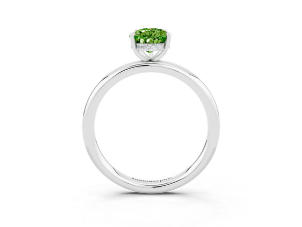 Platinum Pear Cut Peridot Solitaire Ring with Thin Band and Four-Prong Setting