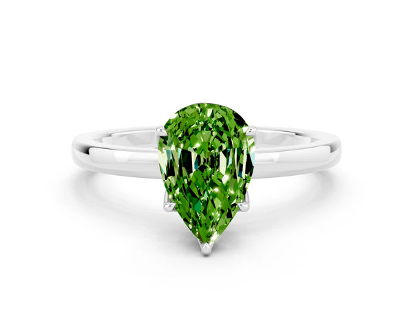 Platinum Pear Cut Peridot Solitaire Ring with Thin Band and Prong Setting