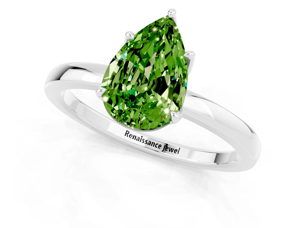 Platinum Pear Cut Peridot Solitaire Ring with Thin Band and Prong Setting