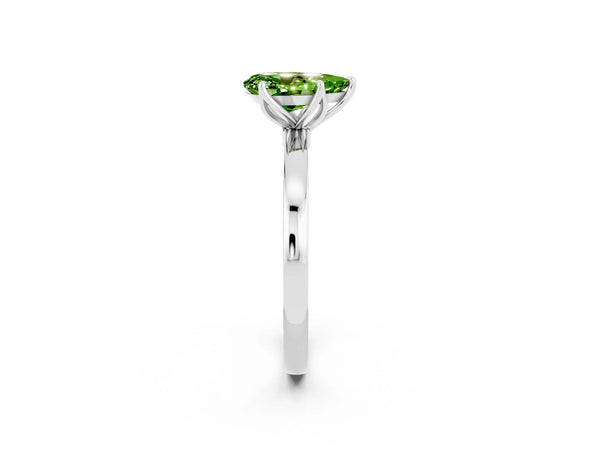 Platinum Pear Cut Peridot Solitaire Ring with Thin Band and Prong Setting