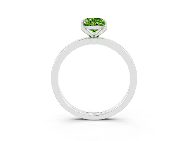Platinum Pear Cut Peridot Solitaire Ring with Thin Band and Prong Setting