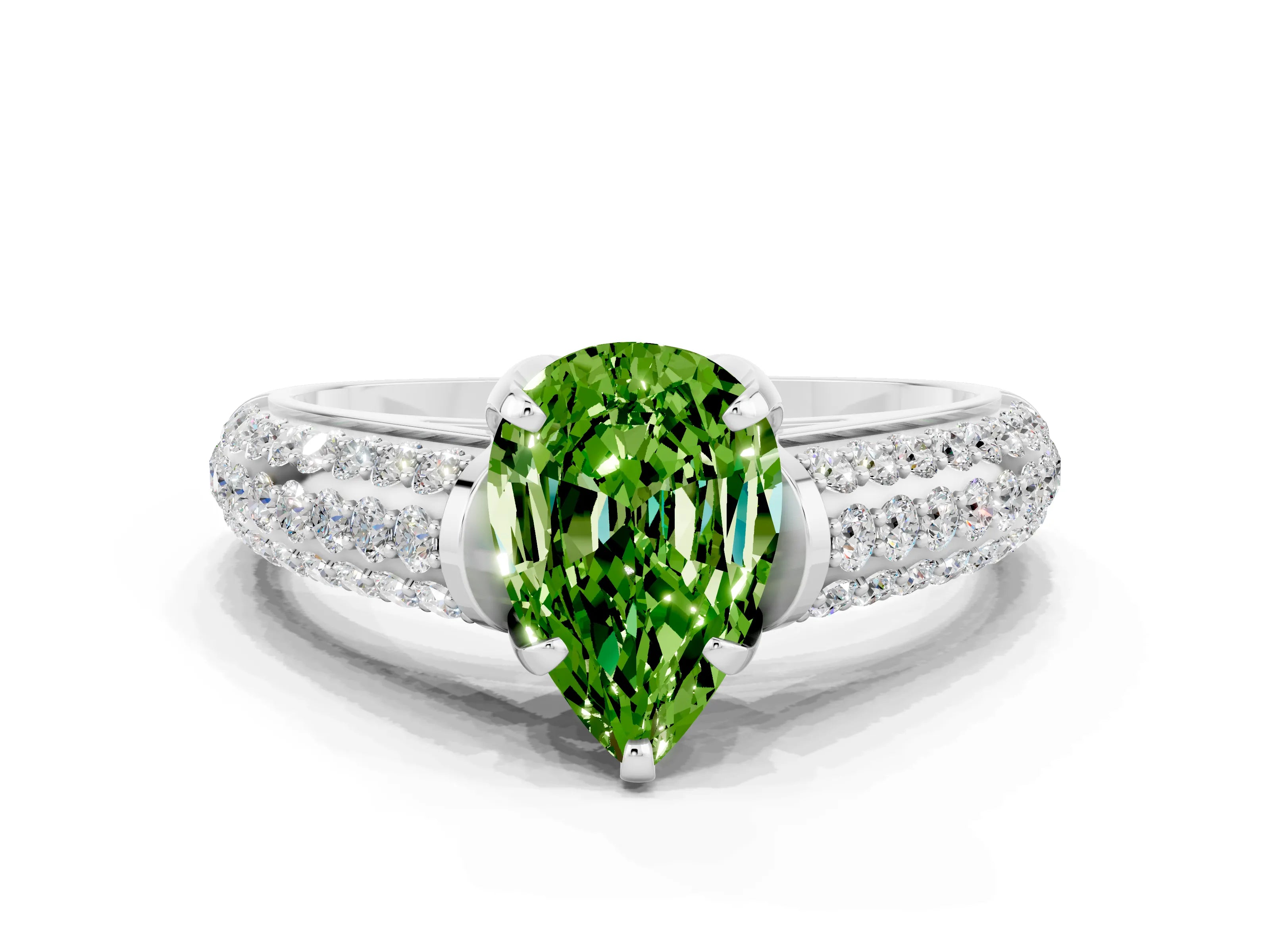 White gold Pear Cut Peridot Solitaire Ring with Three-Row Pavé Band and Four-Prong Setting_12