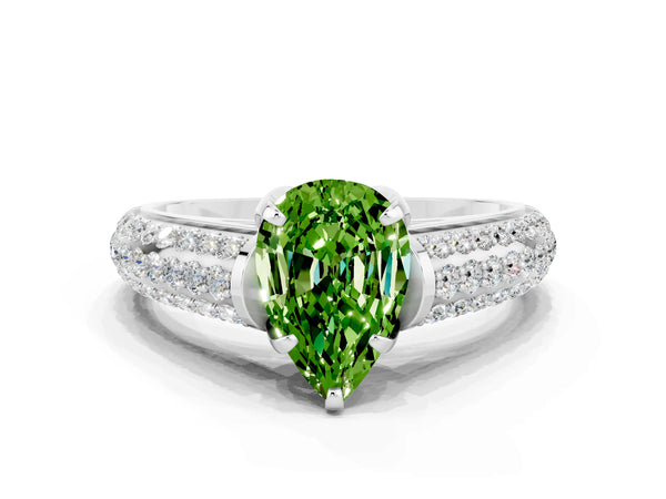 Silver Pear Cut Peridot Solitaire Ring with Three-Row Pavé Band and Four-Prong Setting