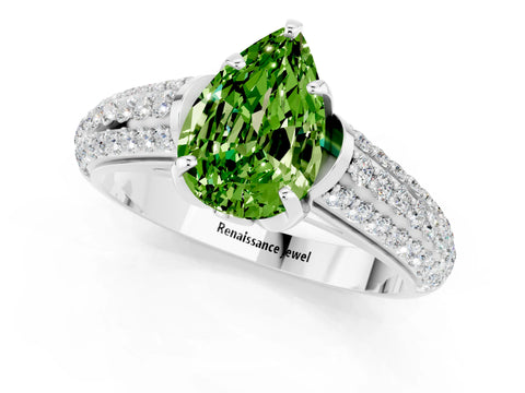 White gold Pear Cut Peridot Solitaire Ring with Three-Row Pavé Band and Four-Prong Setting_13