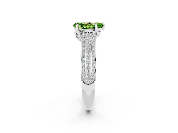 White gold Pear Cut Peridot Solitaire Ring with Three-Row Pavé Band and Four-Prong Setting