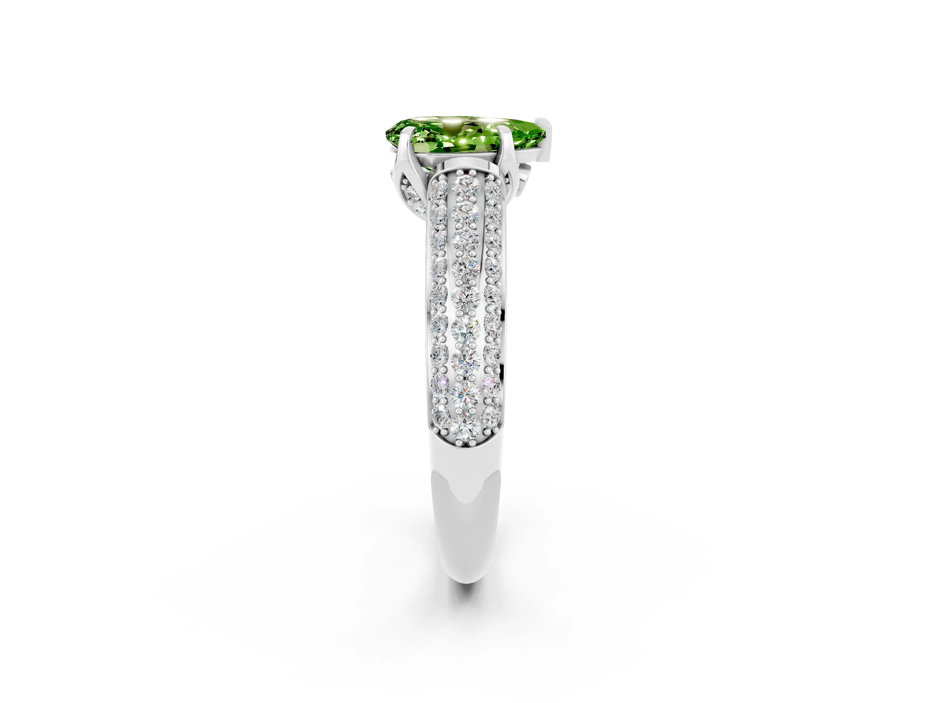 White gold Pear Cut Peridot Solitaire Ring with Three-Row Pavé Band and Four-Prong Setting_14
