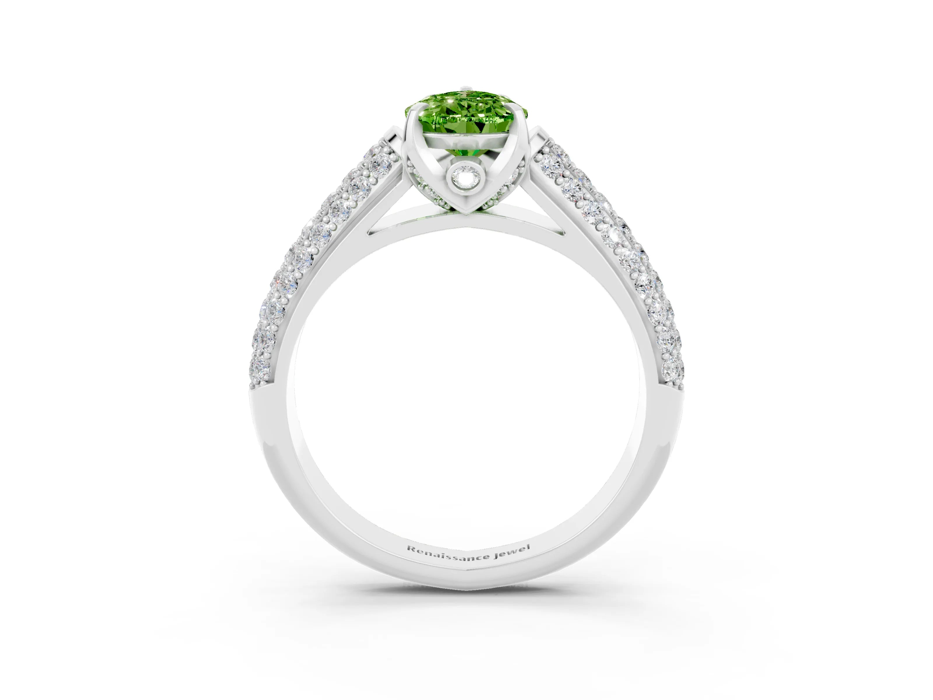 White gold Pear Cut Peridot Solitaire Ring with Three-Row Pavé Band and Four-Prong Setting_15