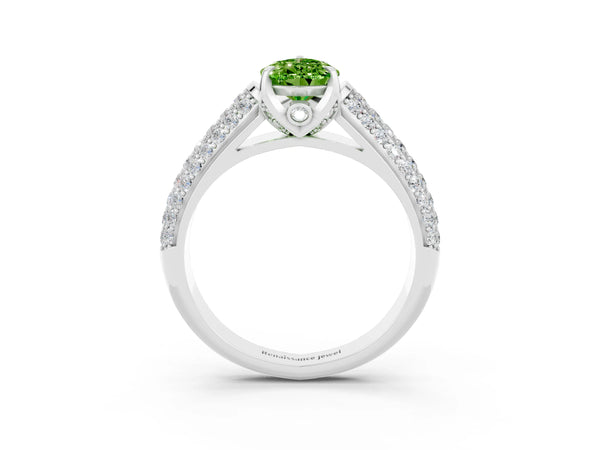 Platinum Pear Cut Peridot Solitaire Ring with Three-Row Pavé Band and Four-Prong Setting