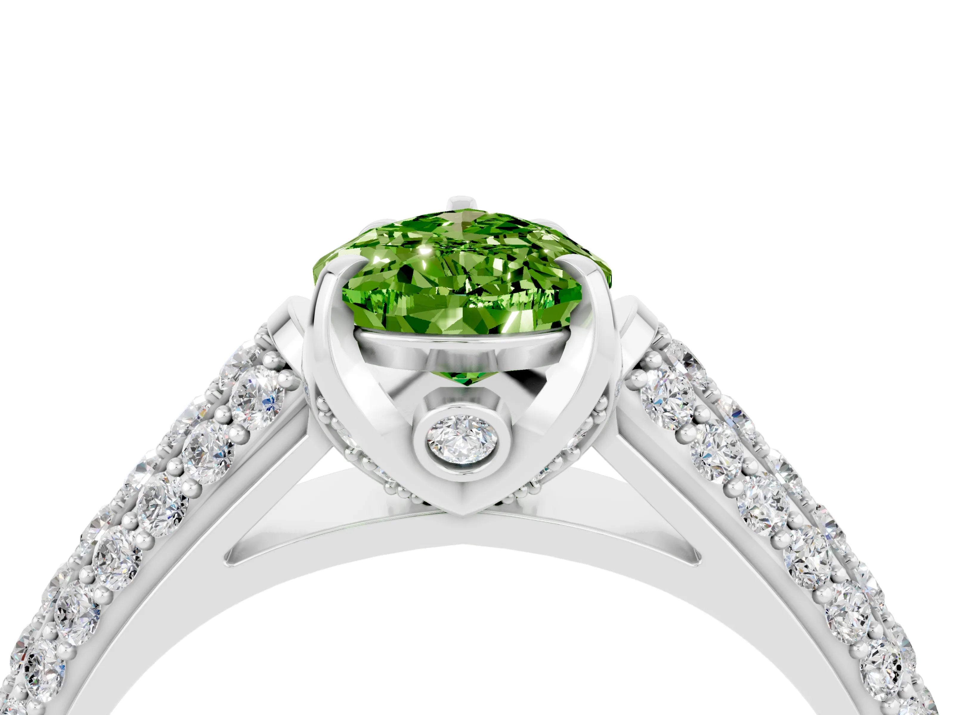 White gold Pear Cut Peridot Solitaire Ring with Three-Row Pavé Band and Four-Prong Setting_16
