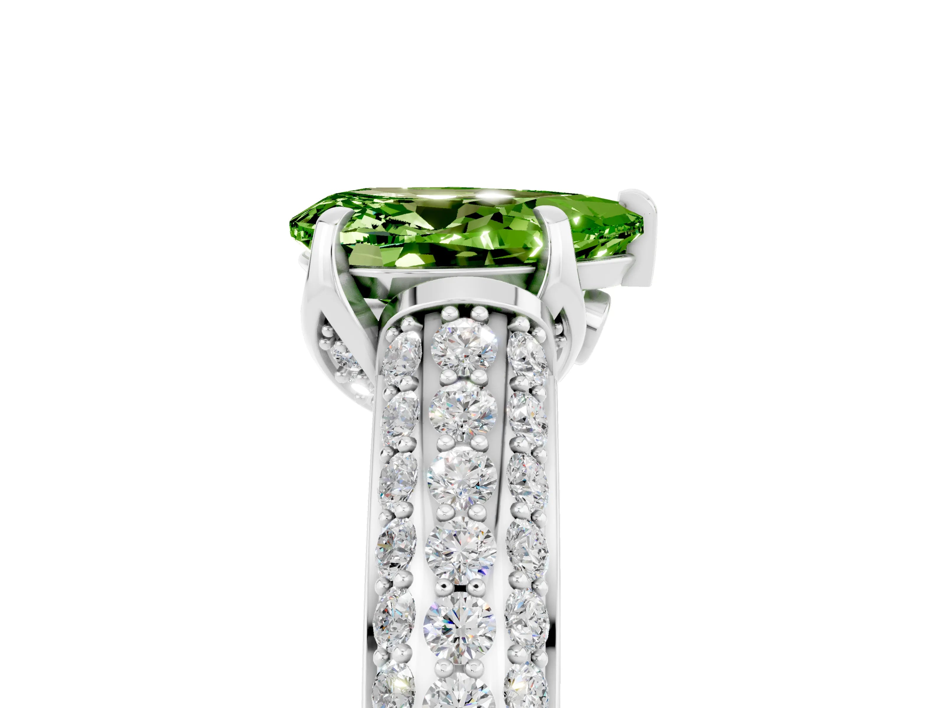White gold Pear Cut Peridot Solitaire Ring with Three-Row Pavé Band and Four-Prong Setting_17