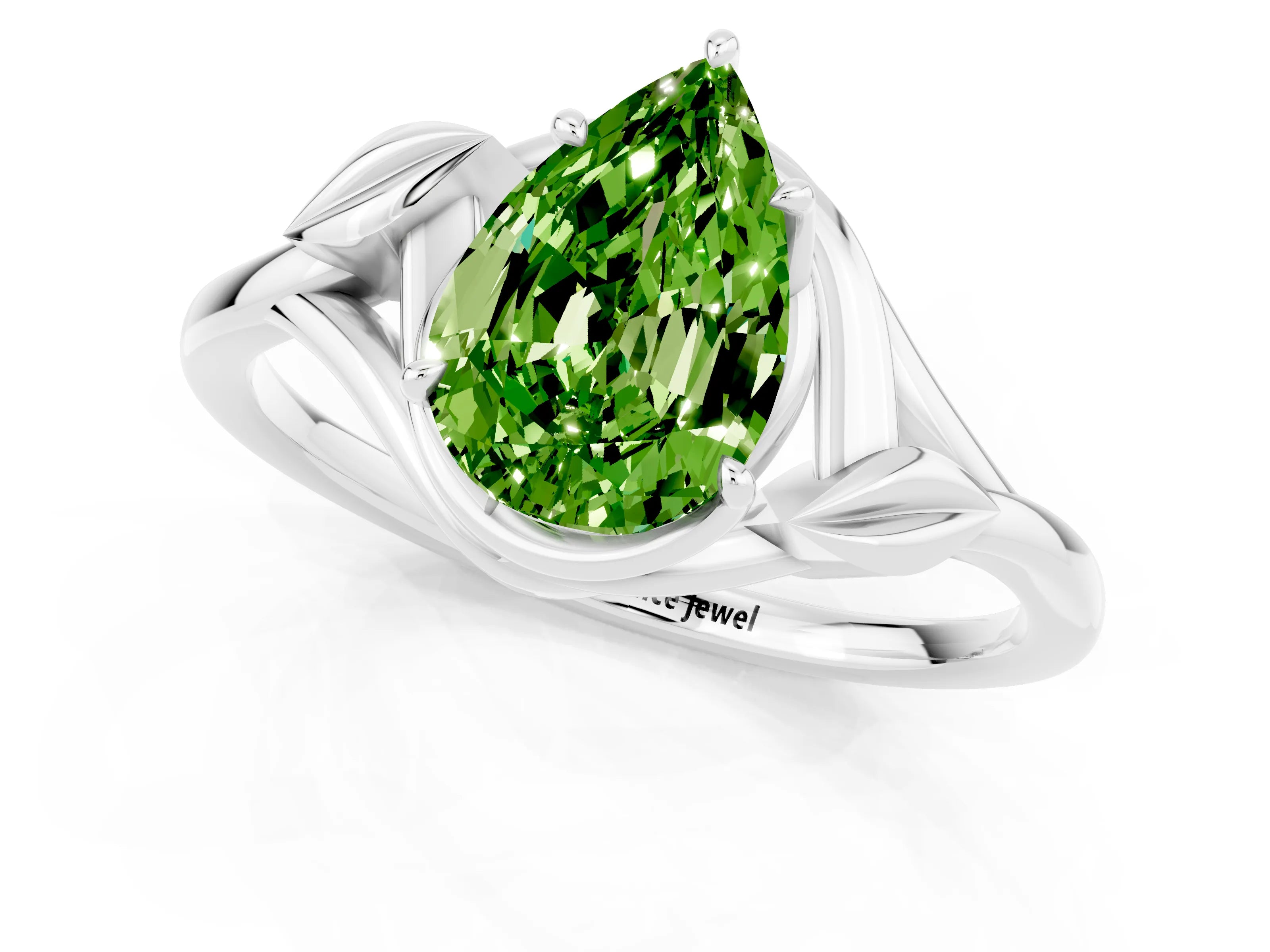 White gold Pear Cut Peridot Solitaire Ring with Twist Band and Four-Prong Setting_13
