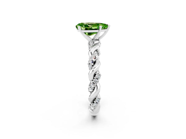 Platinum Pear Cut Peridot Solitaire Ring with Twisted Band and Pavé Accents