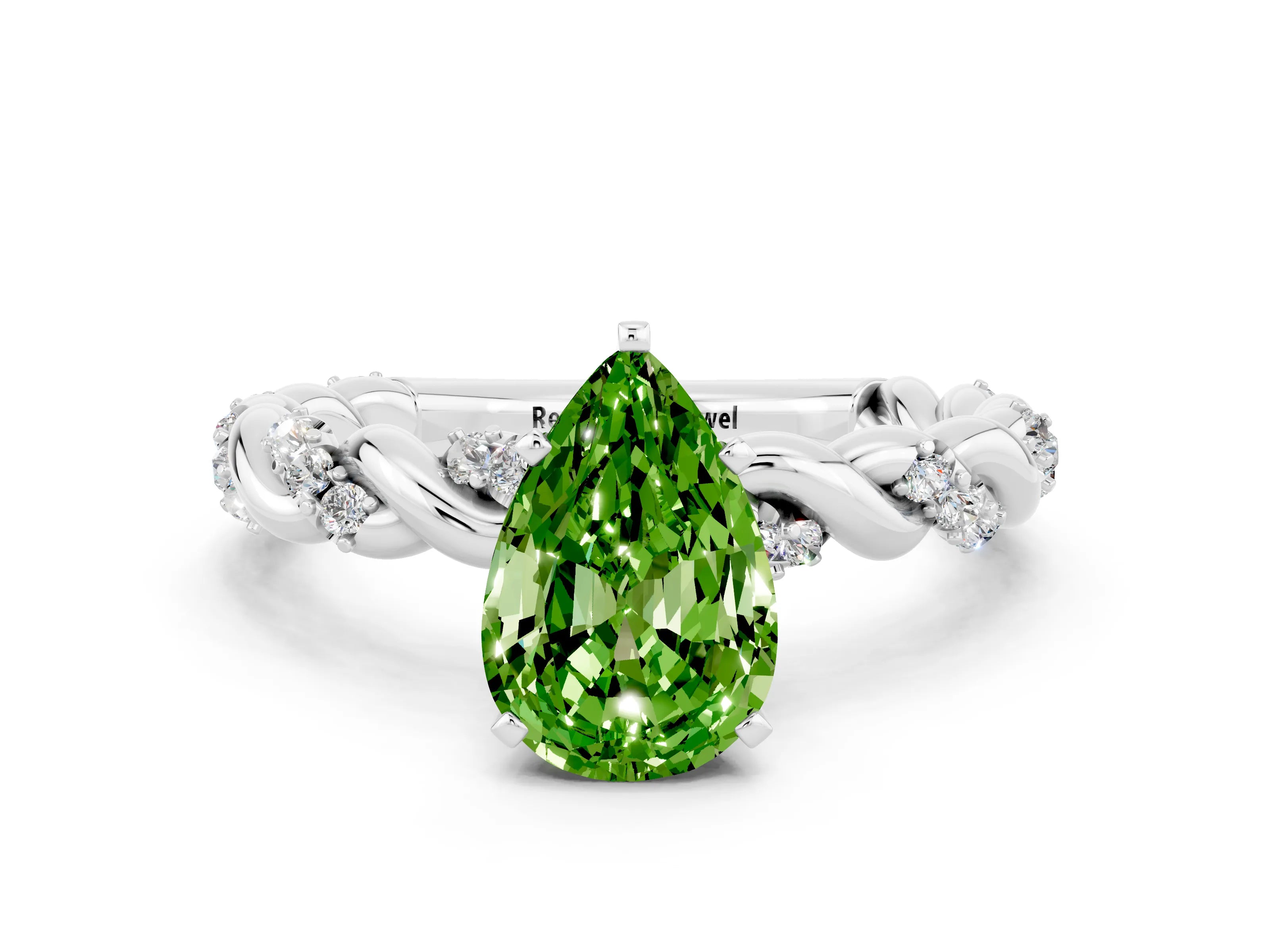 White gold Pear Cut Peridot Solitaire Ring with Twisted Band and Pavé Accents