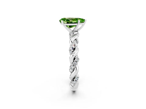 White gold Pear Cut Peridot Solitaire Ring with Twisted Band and Pavé Accents_2