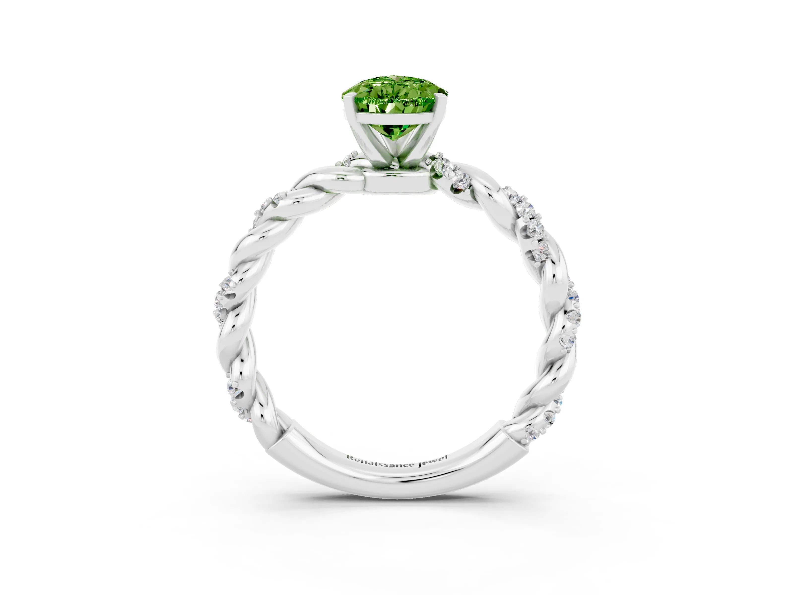 White gold Pear Cut Peridot Solitaire Ring with Twisted Band and Pavé Accents_3
