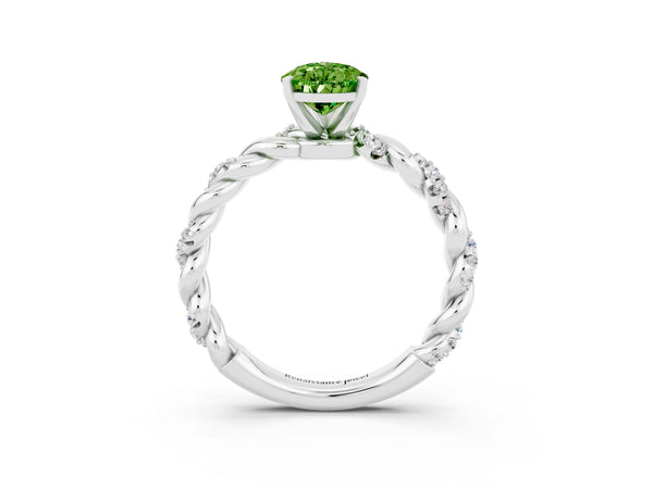 White gold Pear Cut Peridot Solitaire Ring with Twisted Band and Pavé Accents
