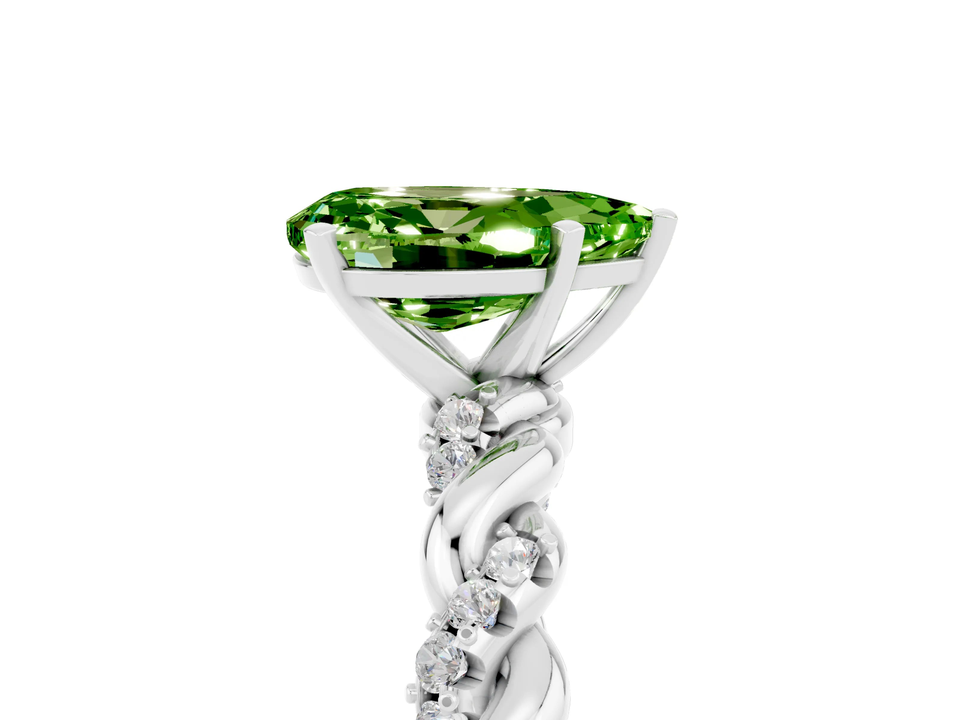 White gold Pear Cut Peridot Solitaire Ring with Twisted Band and Pavé Accents_5
