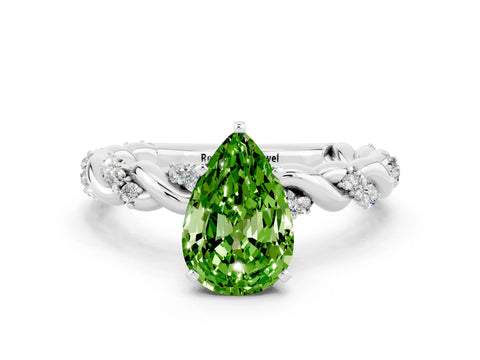 White gold Pear Cut Peridot Solitaire Ring with Twisted Band and Pavé Accents