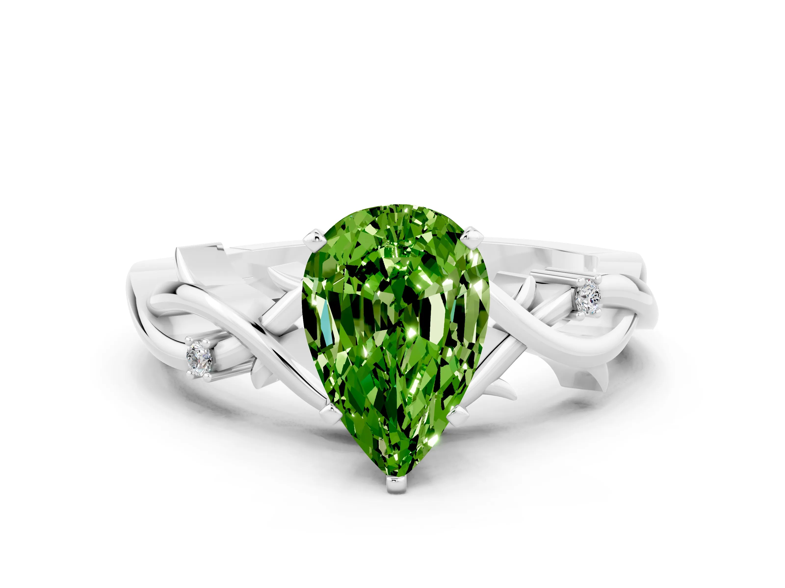 White gold Pear Cut Peridot Solitaire Ring with Twisted Band and Prong Setting_12