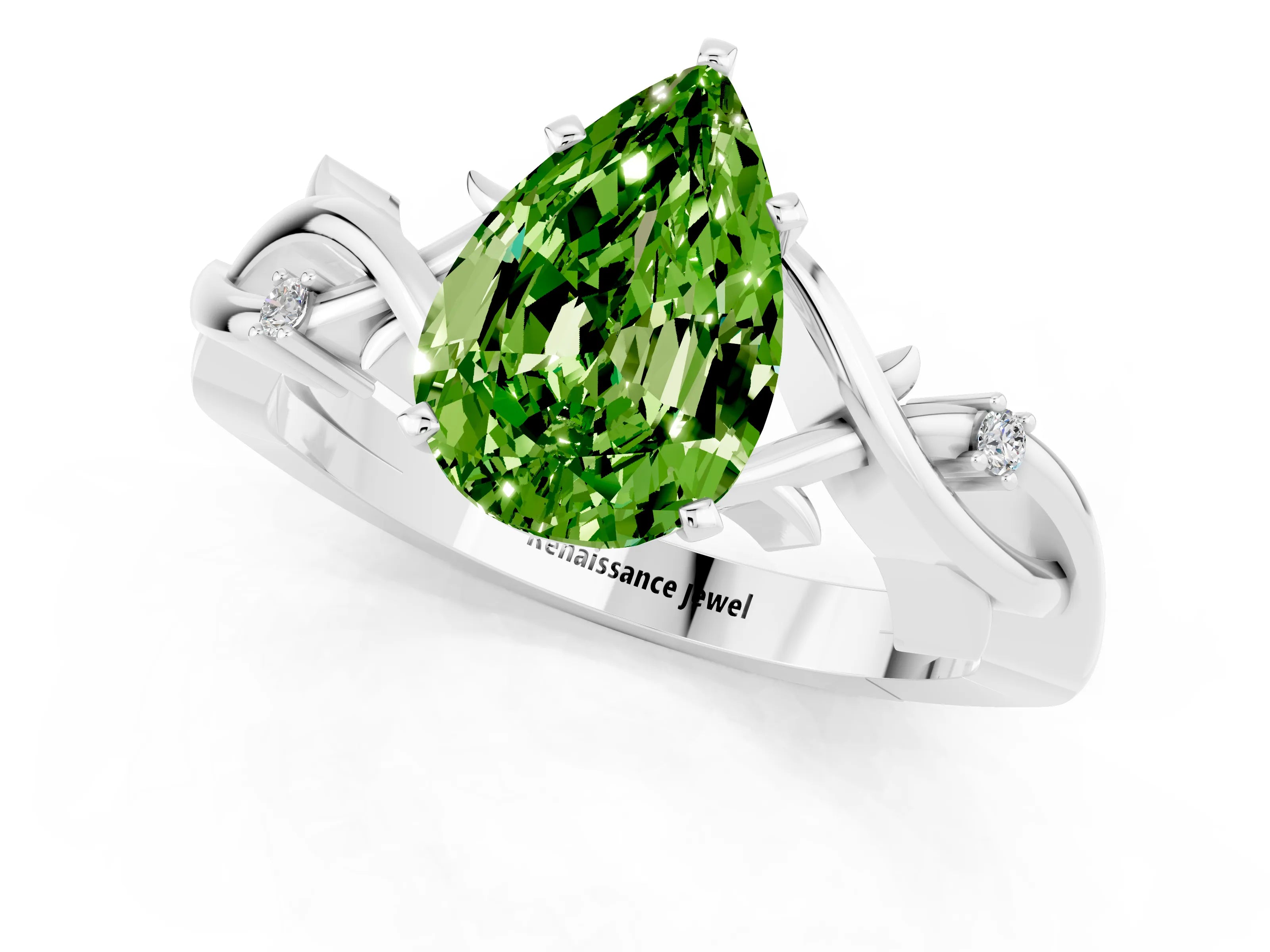 White gold Pear Cut Peridot Solitaire Ring with Twisted Band and Prong Setting_13