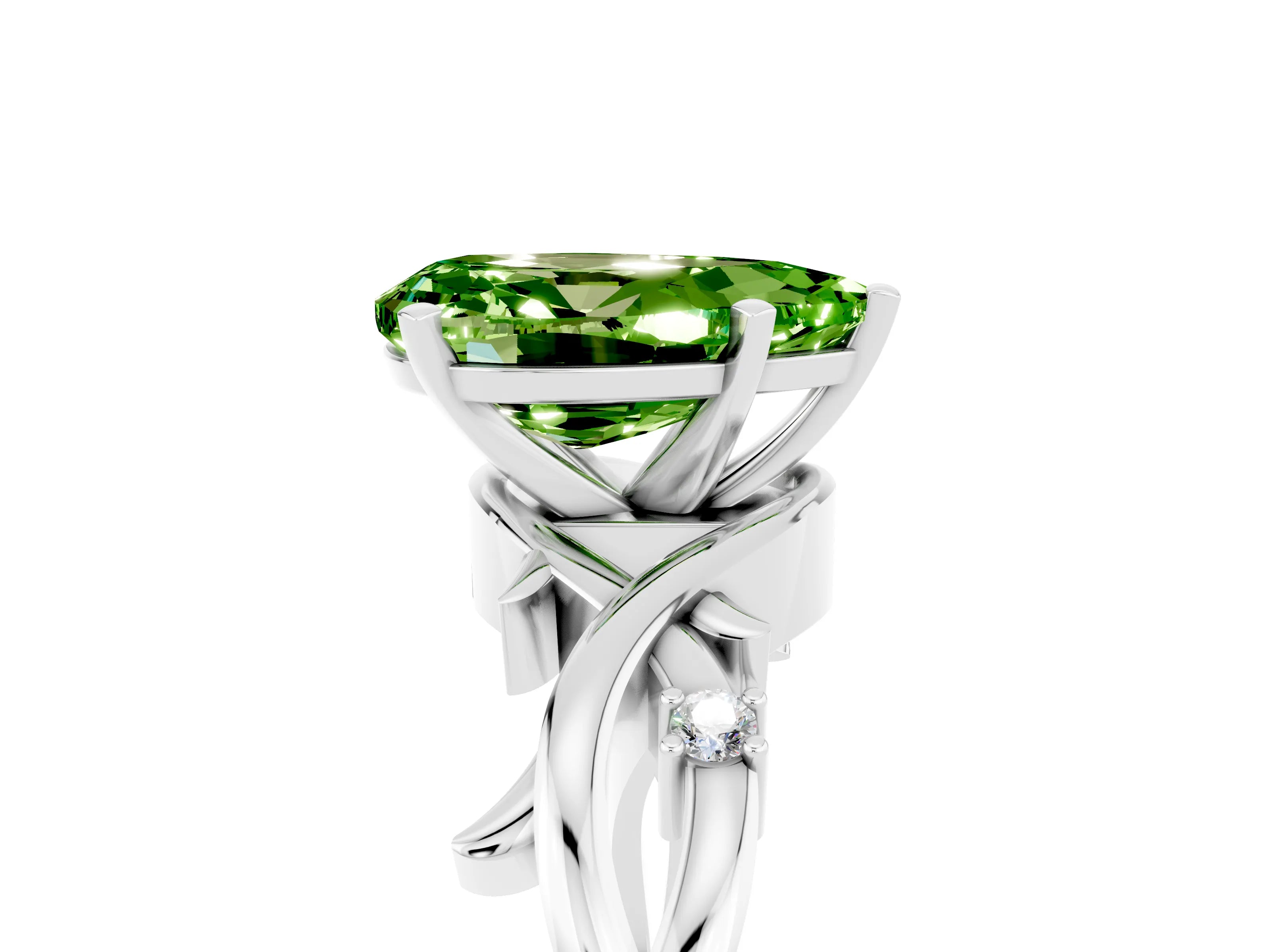 White gold Pear Cut Peridot Solitaire Ring with Twisted Band and Prong Setting_17