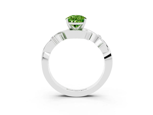 Platinum Pear Cut Peridot Solitaire Ring with Twisted Band and Prong Setting