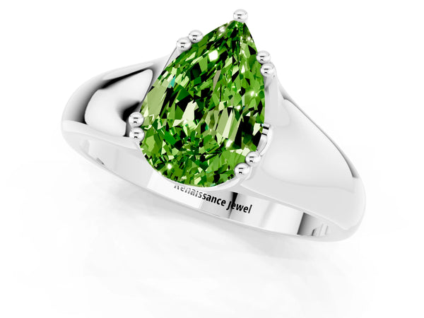 Silver Pear Cut Peridot Solitaire Ring with Wide Band and Prong Setting