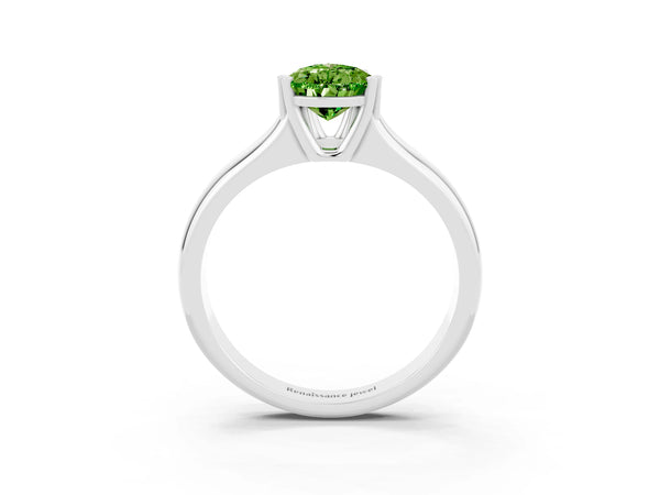 White gold Pear Cut Peridot Solitaire Ring with Wide Band and Prong Setting