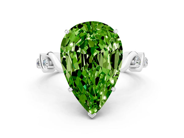 Platinum Pear Cut Peridot Solitaire Twisted Band with Round  Accents and Prong Setting