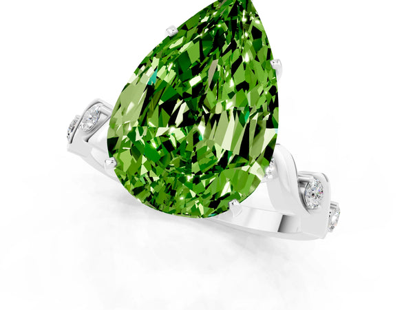 White gold Pear Cut Peridot Solitaire Twisted Band with Round  Accents and Prong Setting