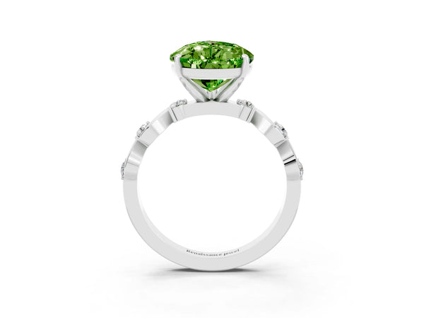 Silver Pear Cut Peridot Solitaire Twisted Band with Round  Accents and Prong Setting