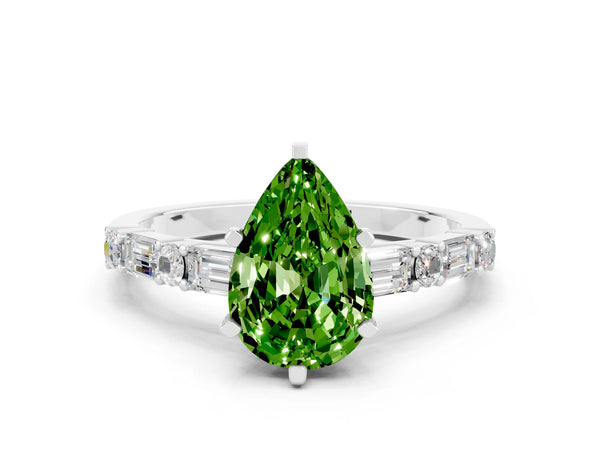 Platinum Pear Cut Peridot Solitaire with Side Baguettes and Channel Set Band
