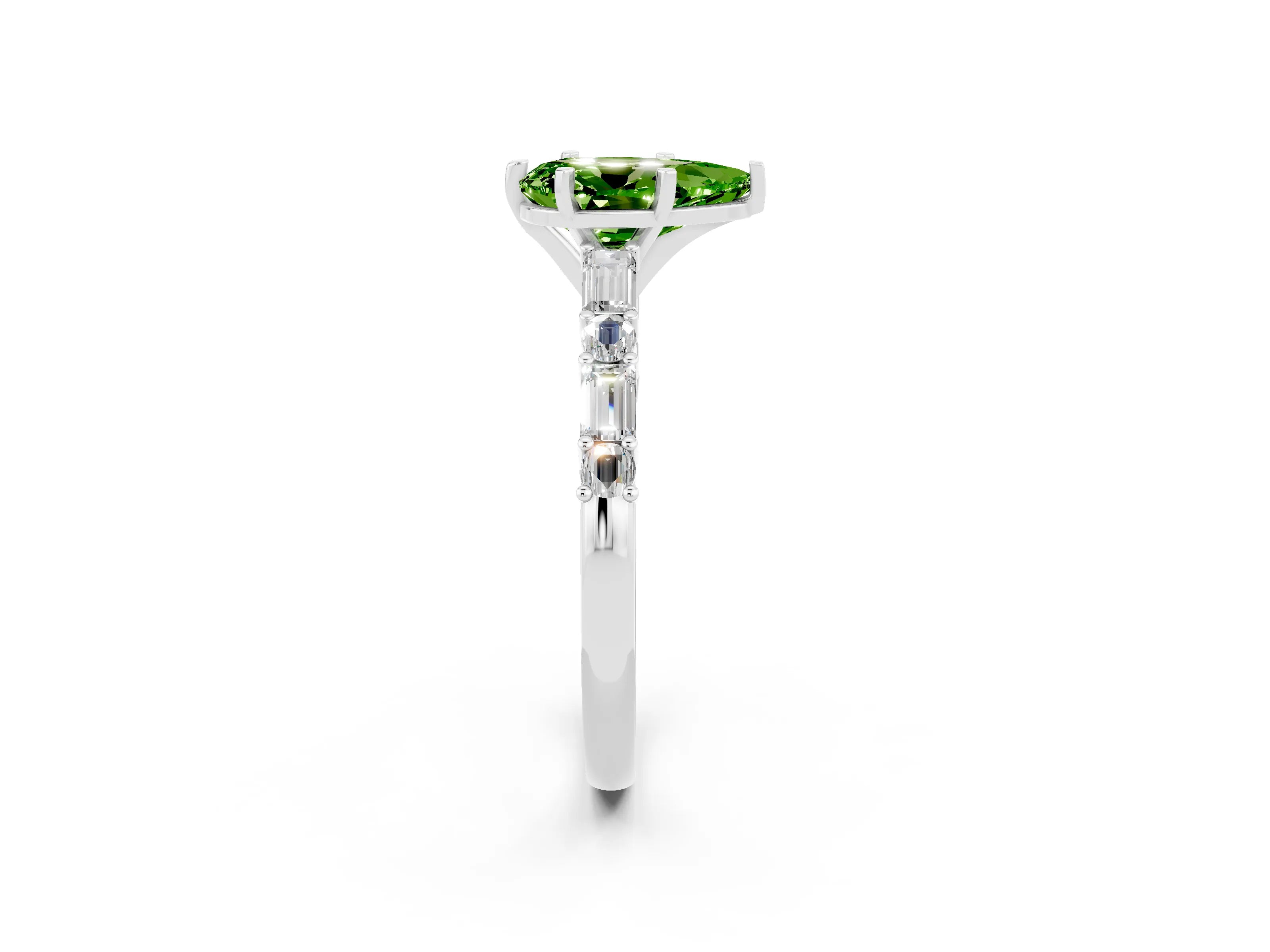 White gold Pear Cut Peridot Solitaire with Side Baguettes and Channel Set Band_2