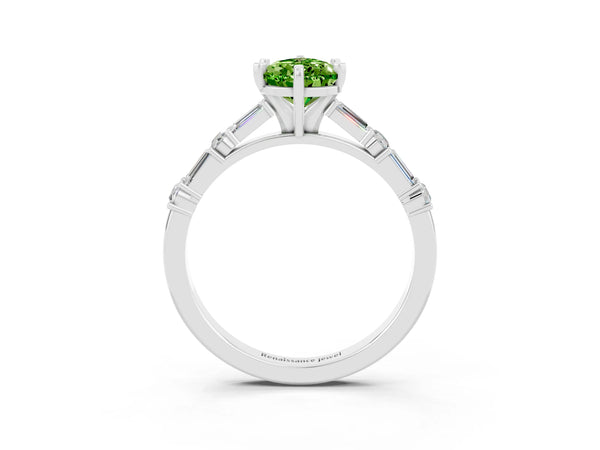 Platinum Pear Cut Peridot Solitaire with Side Baguettes and Channel Set Band