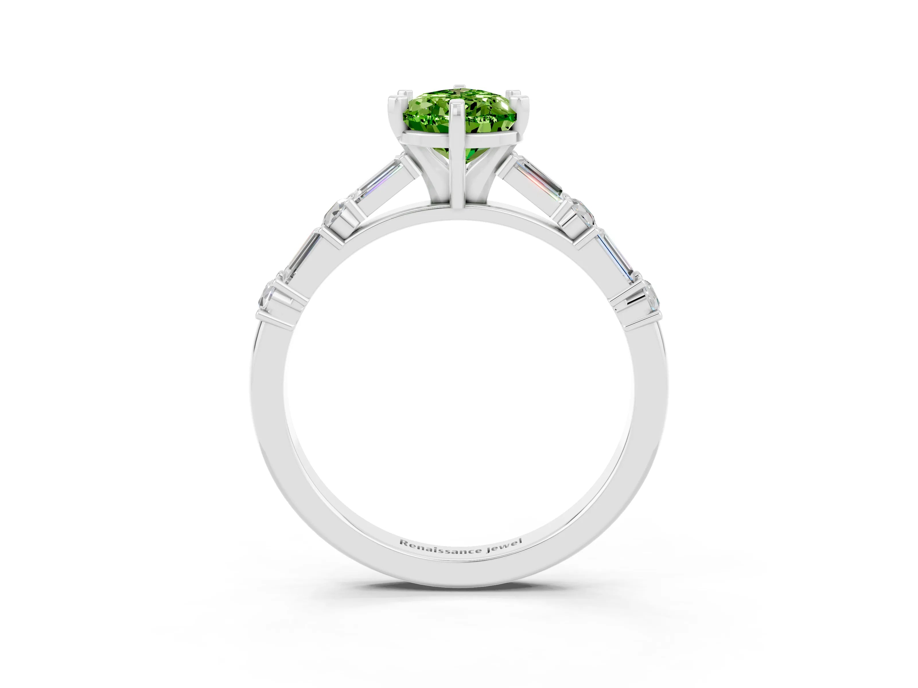 White gold Pear Cut Peridot Solitaire with Side Baguettes and Channel Set Band_3