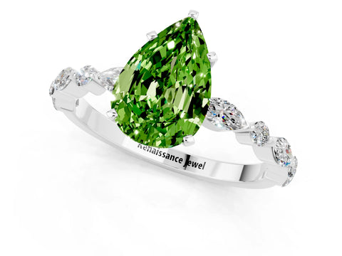 White gold Pear Cut Peridot Solitaire with Side Stones on a Pavé Band and Four-Prong Setting_1