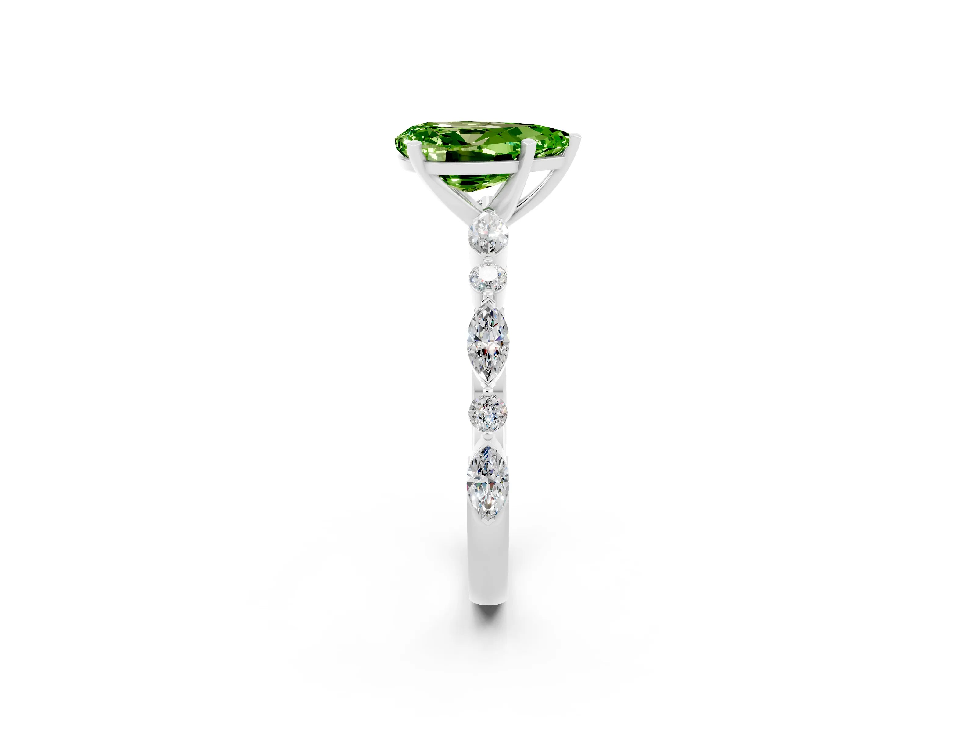 White gold Pear Cut Peridot Solitaire with Side Stones on a Pavé Band and Four-Prong Setting_2