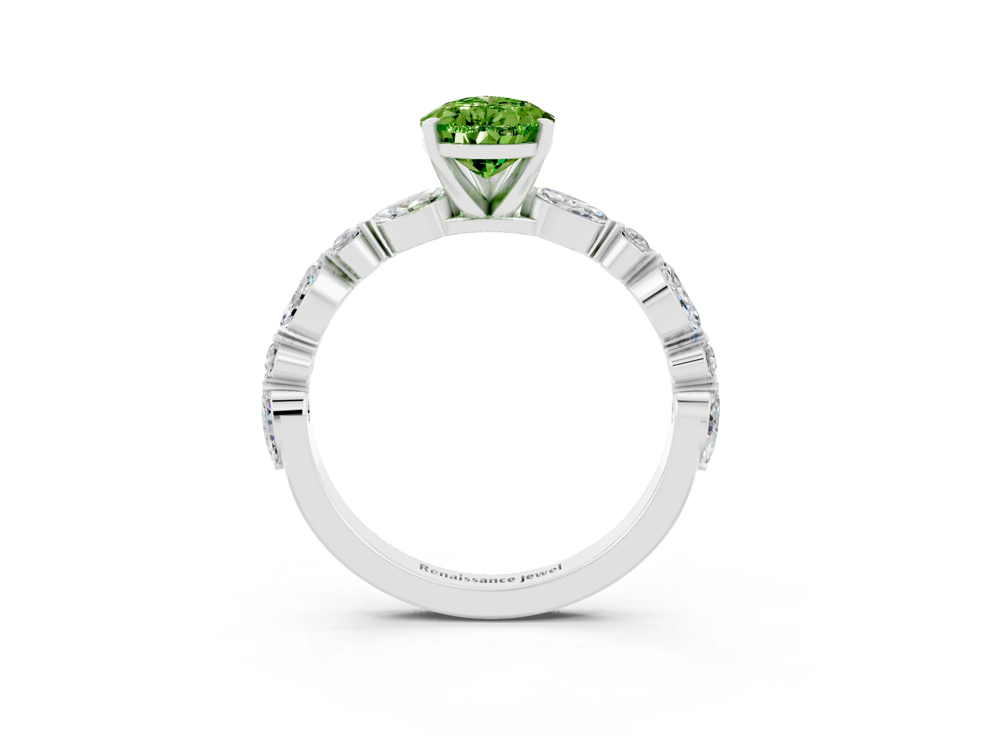 White gold Pear Cut Peridot Solitaire with Side Stones on a Pavé Band and Four-Prong Setting_3