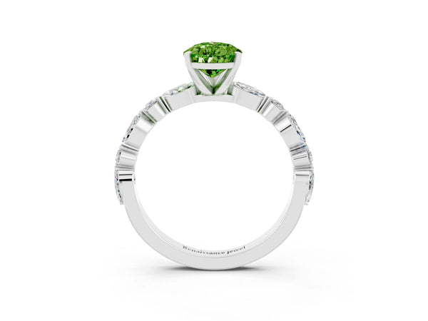 White gold Pear Cut Peridot Ring with Marquise and Round  Side Stones and Four-Prong Setting