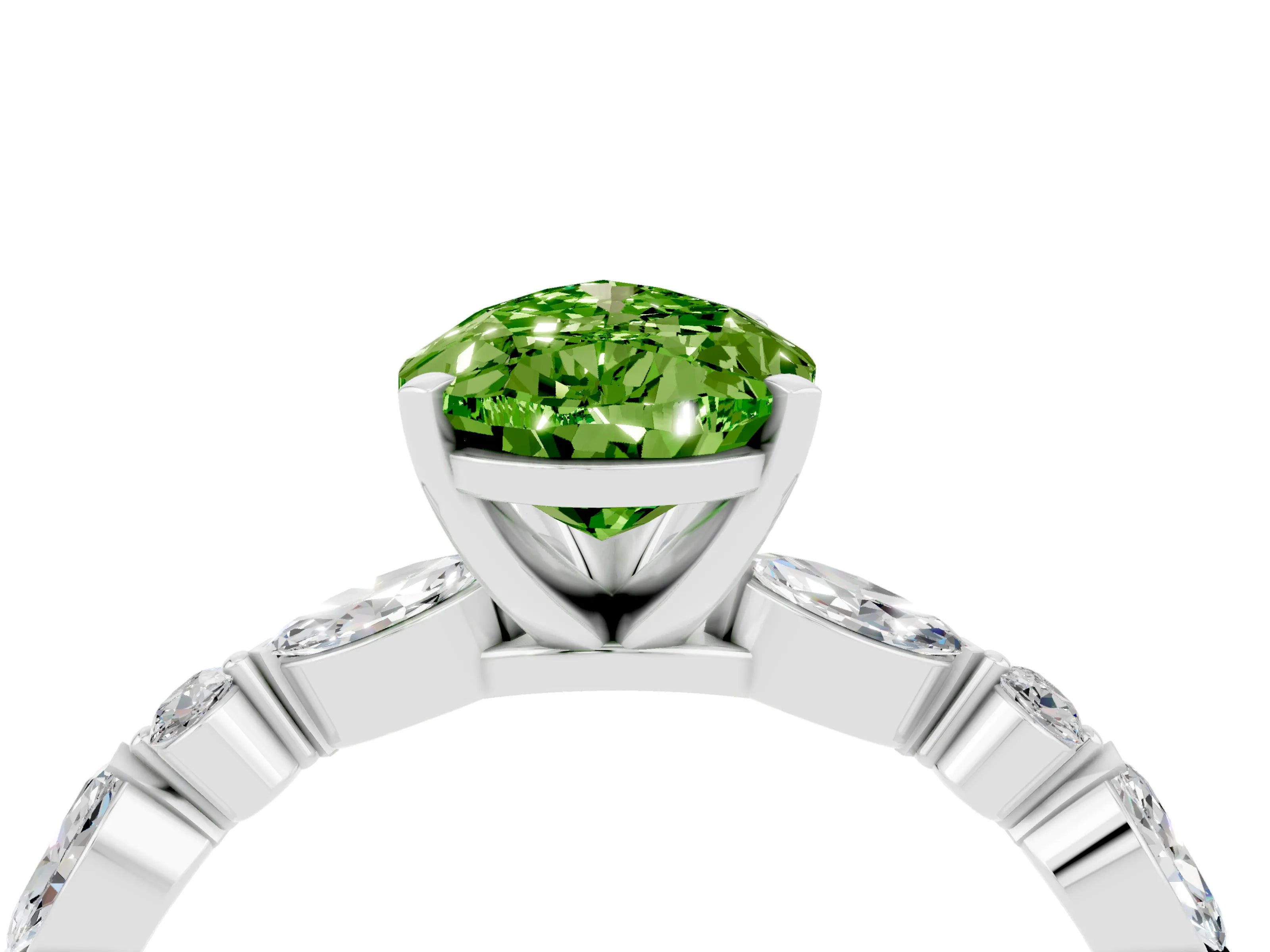 White gold Pear Cut Peridot Solitaire with Side Stones on a Pavé Band and Four-Prong Setting_4