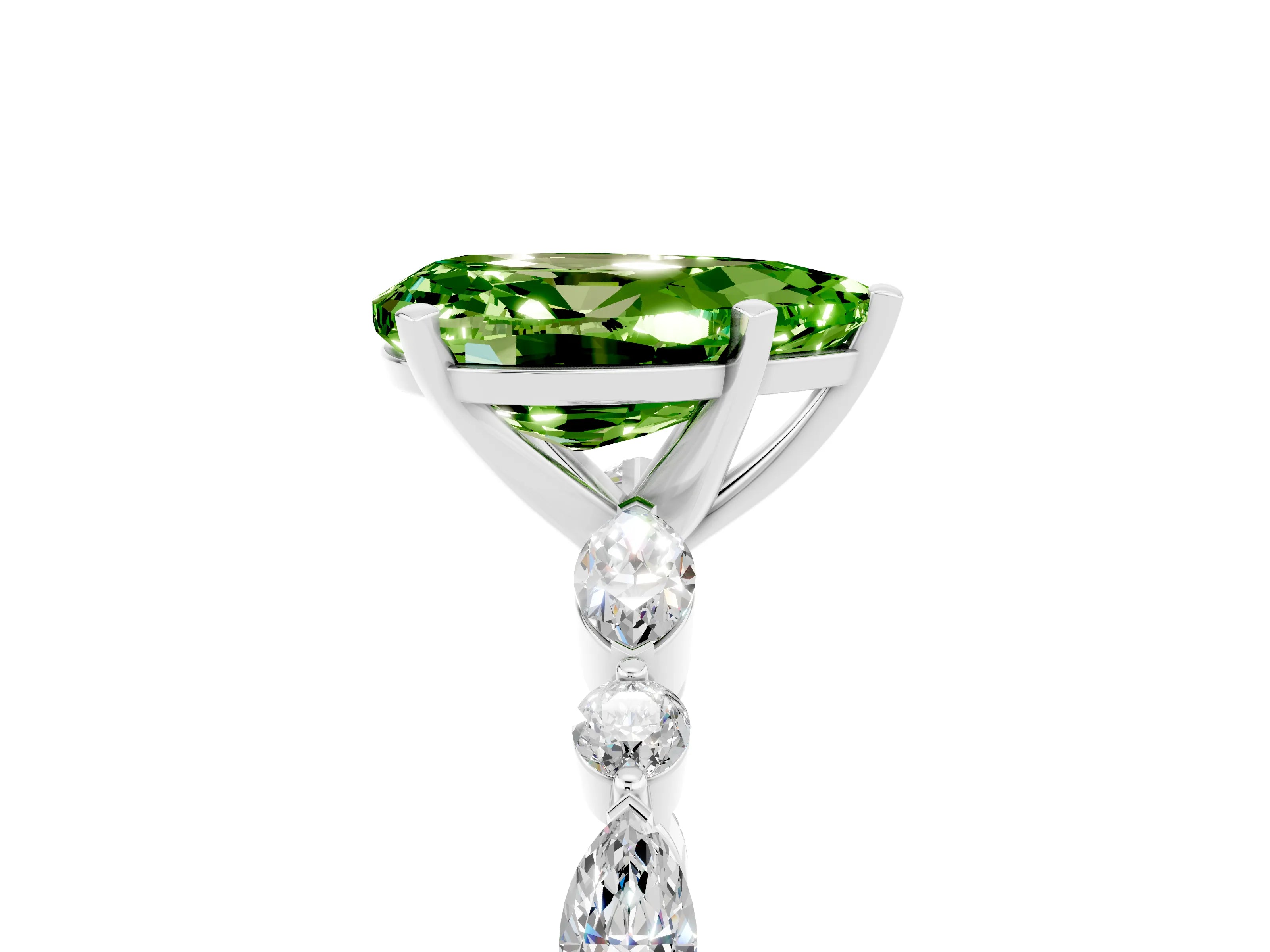 White gold Pear Cut Peridot Solitaire with Side Stones on a Pavé Band and Four-Prong Setting_5