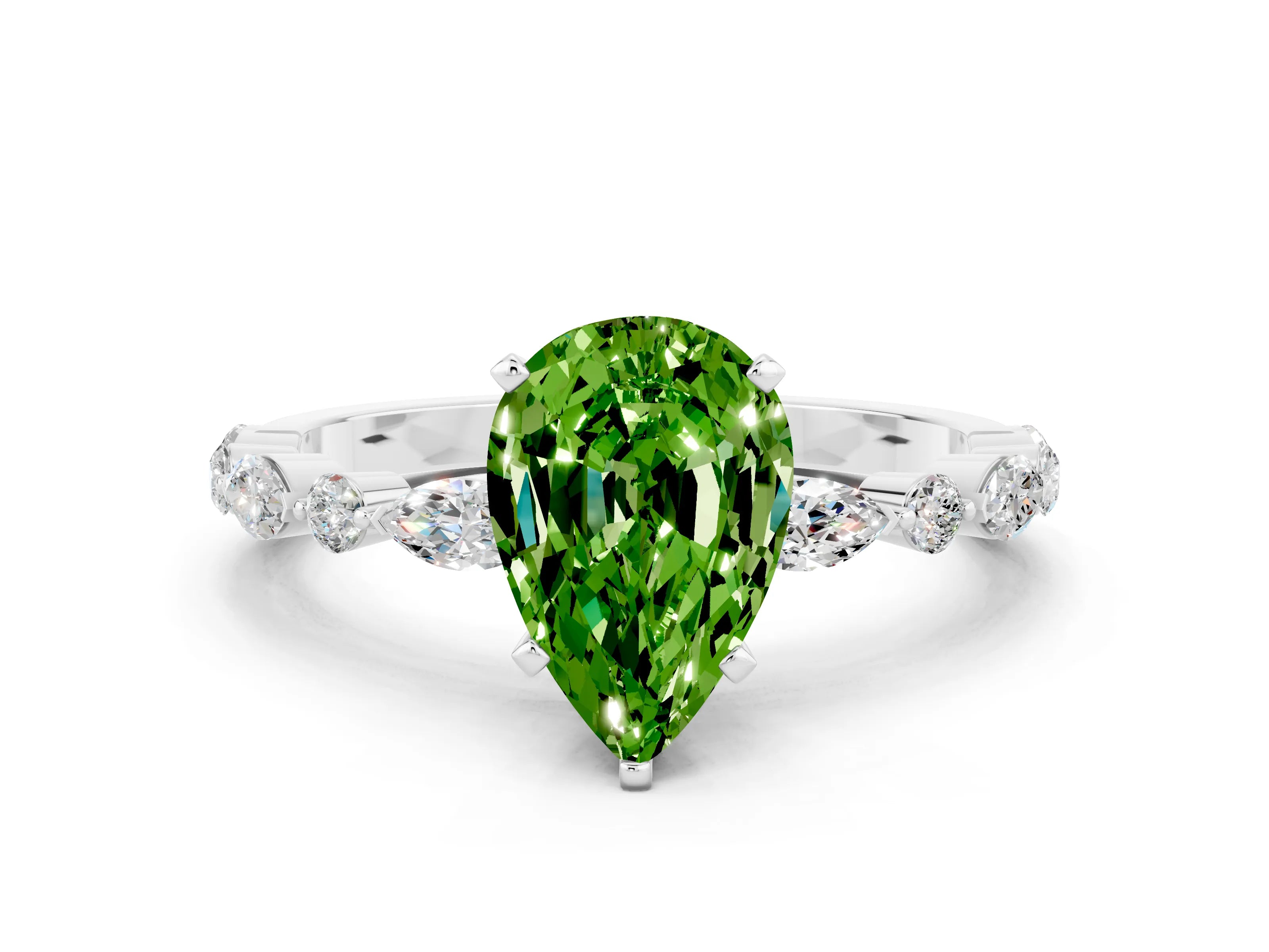 White gold Pear Cut Peridot Solitaire with Side Stones on a Pavé Band and Four-Prong Setting