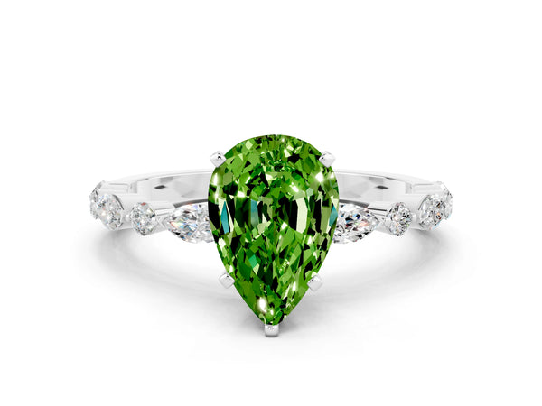 White gold Pear Cut Peridot Ring with Marquise and Round  Side Stones and Four-Prong Setting